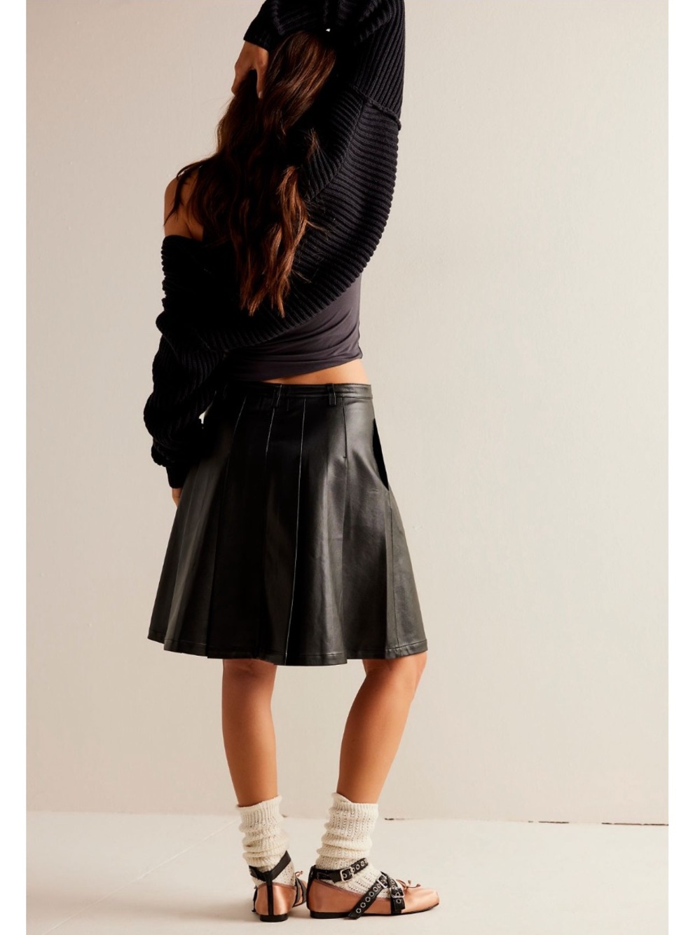 Free People Pleated Black Faux Leather A-Line Skirt 4 - Picture 3 of 5
